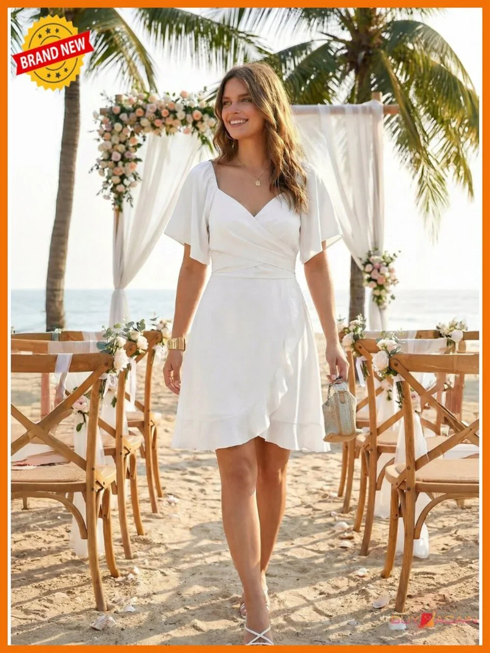 Wrap V Neck Smocked Waist Tiered Mini Dress with Flared Sleeves and Belt